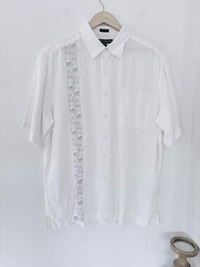 WEEKENDER Men XL Cream White 100% Linen Button Up SS Shirt Guayabera Embroidery